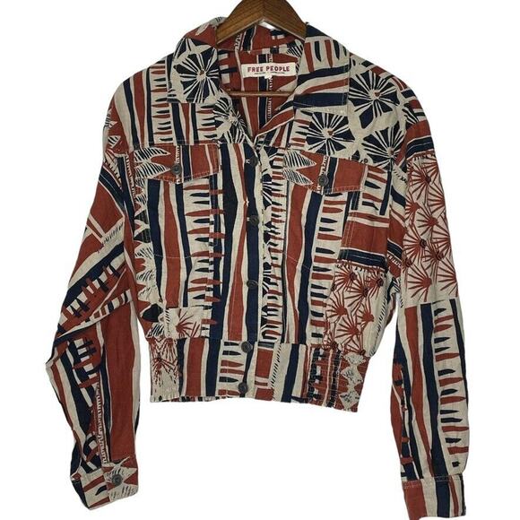 Free People Brown Golden Nile Retro Print Smocked Small Jacket - Picture 1 of 9